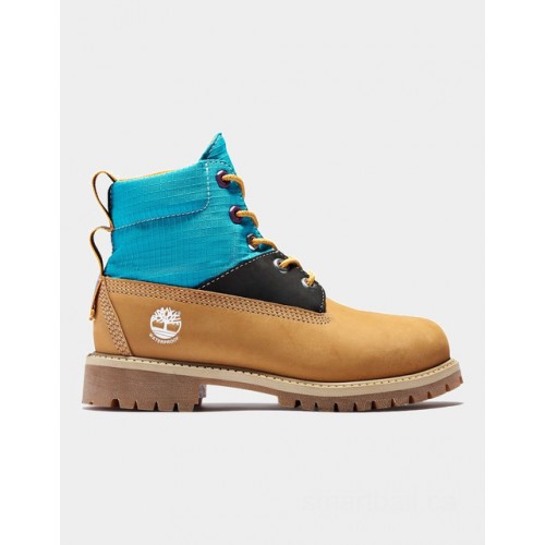 Timberland premium 6 inch winter boot for youth in yellow/blue