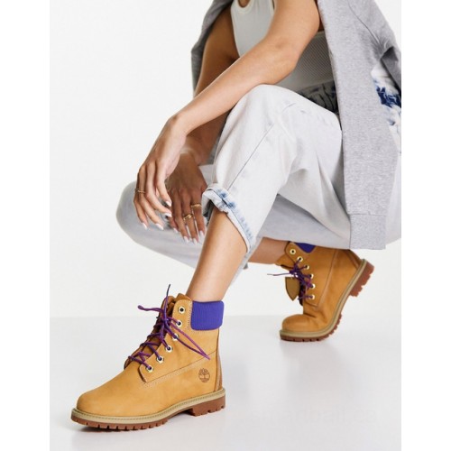 Timberland 6 inch heritage cupsole boots in wheat tan/purple